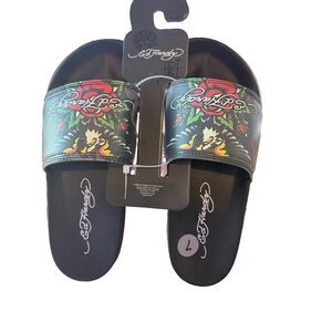 Ed Hardy Eagle-Roses-Tattoo Black Slides/Flip-Flops Size 7 NWT